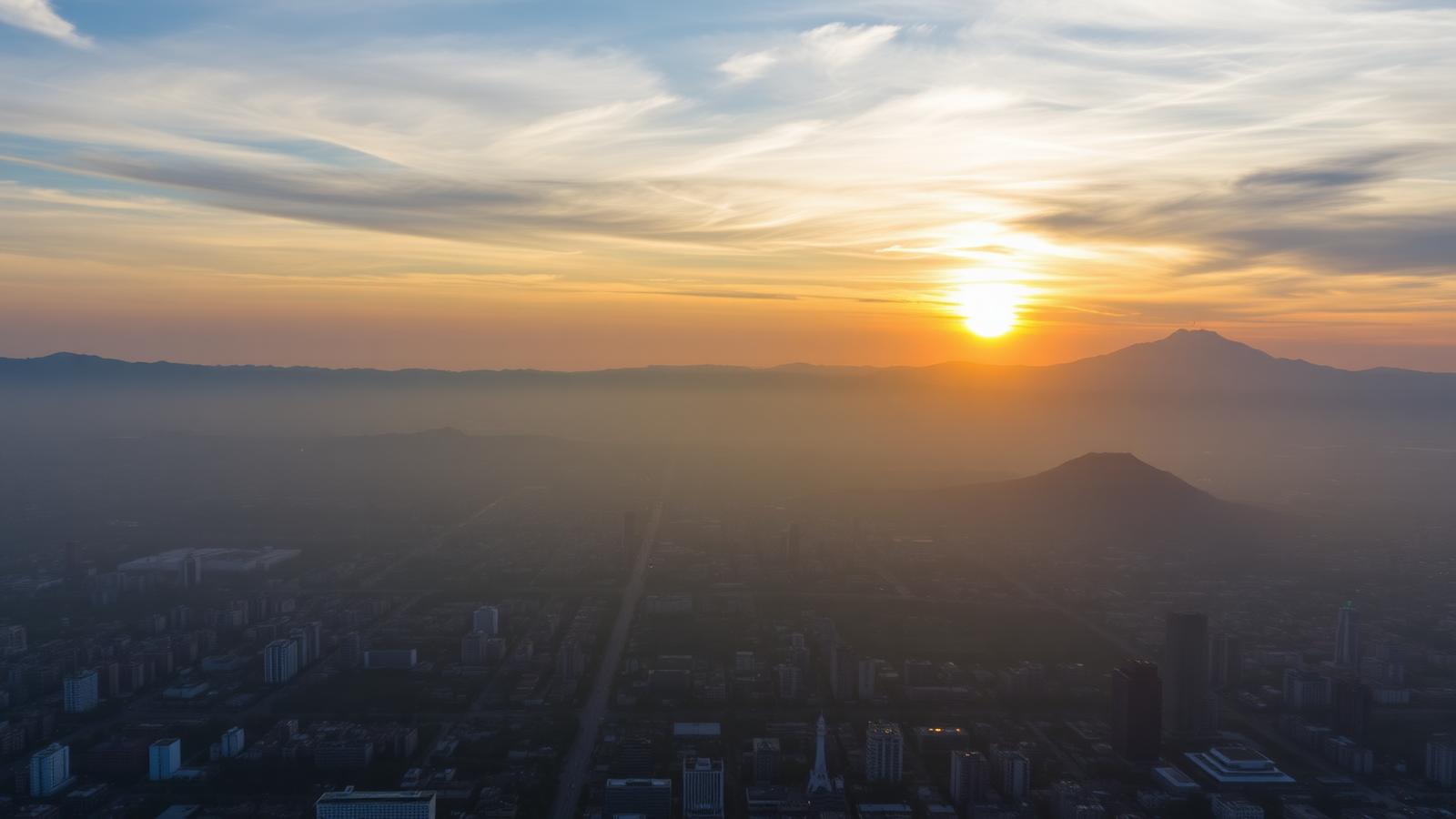 Mexico City skyline at sunset with distant volcanic mountains, showing the high-altitude valley at 2,240 meters
