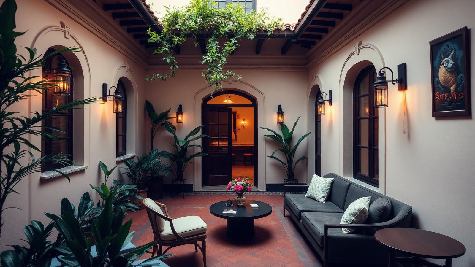Plant-filled colonial courtyard of a boutique hotel in Roma Norte, Mexico City