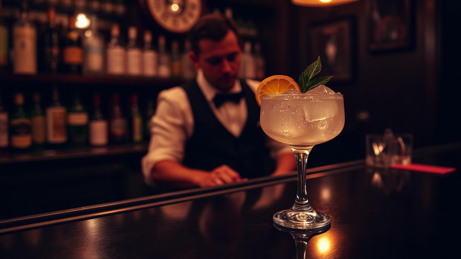 Craft cocktail with citrus and herb garnish on a dark bar top at a Mexico City speakeasy