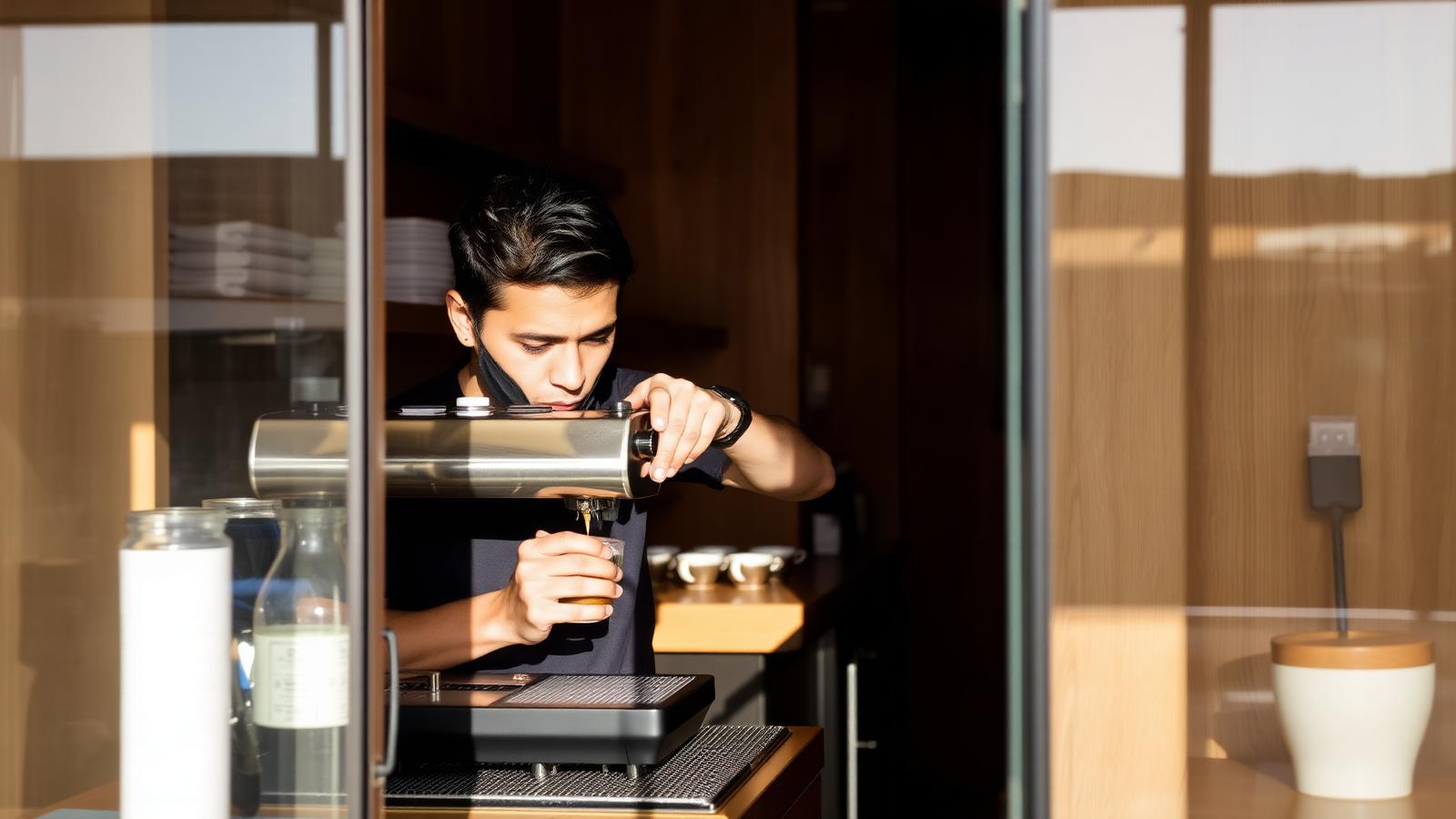 Barista pulling an espresso shot at a third-wave specialty coffee shop in Roma Norte, Mexico City