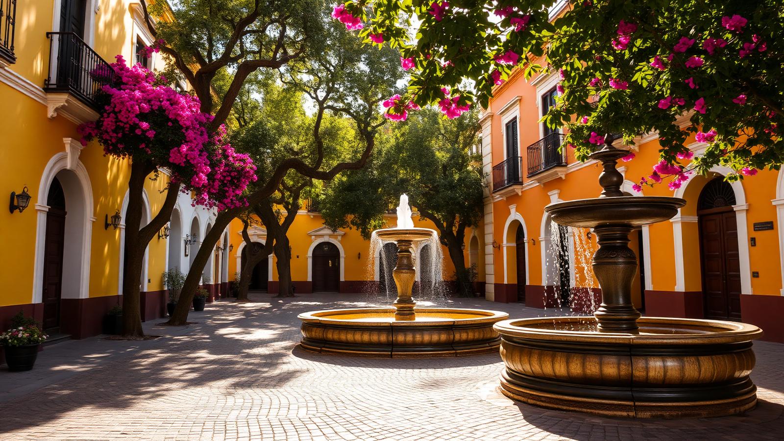 Colonial cobblestone plaza with bougainvillea and a stone fountain in Coyoacan, Mexico City