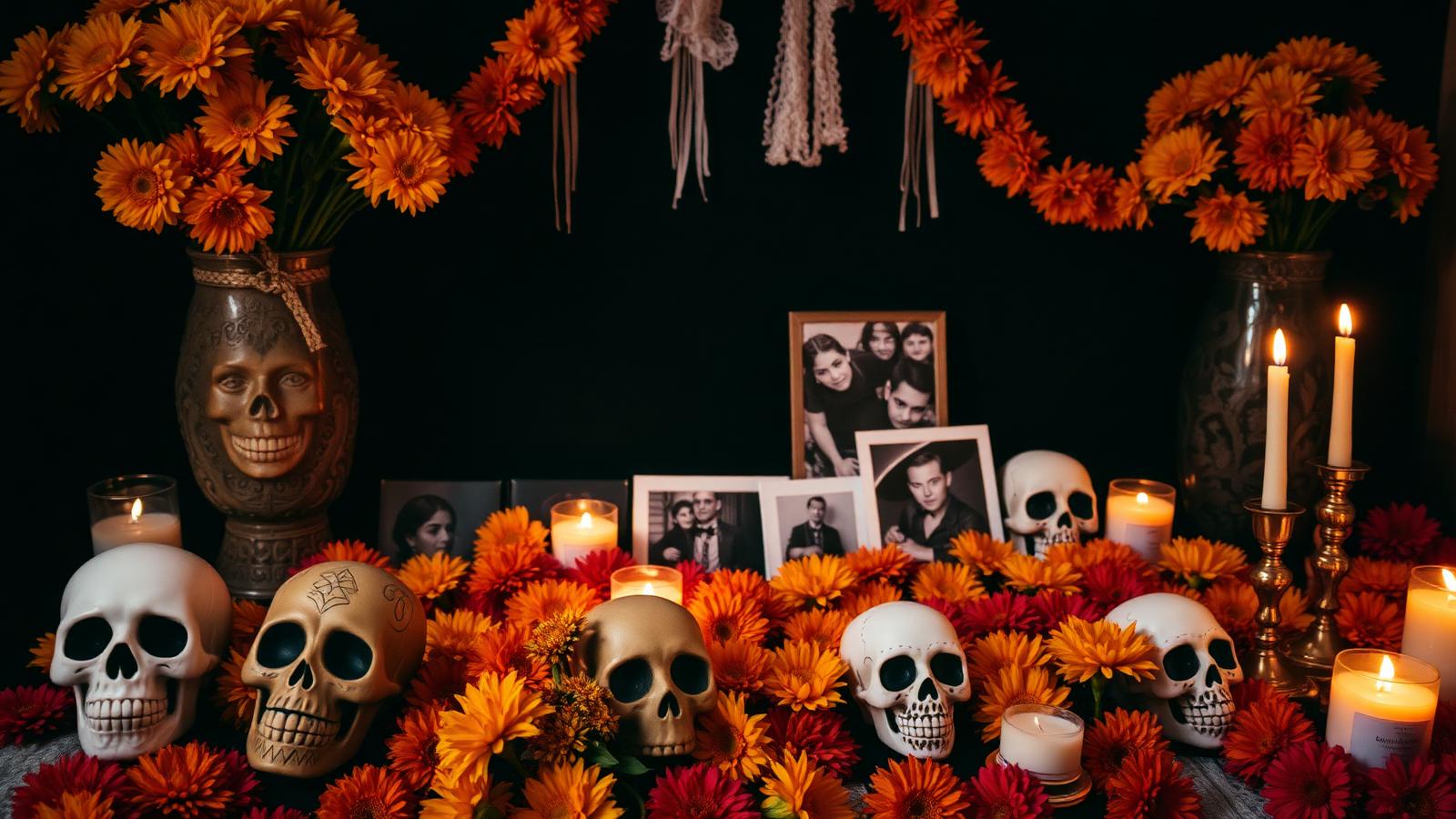 Day of the Dead ofrenda altar with cempasuchil marigolds, sugar skulls, candles, and family photographs in Mexico City