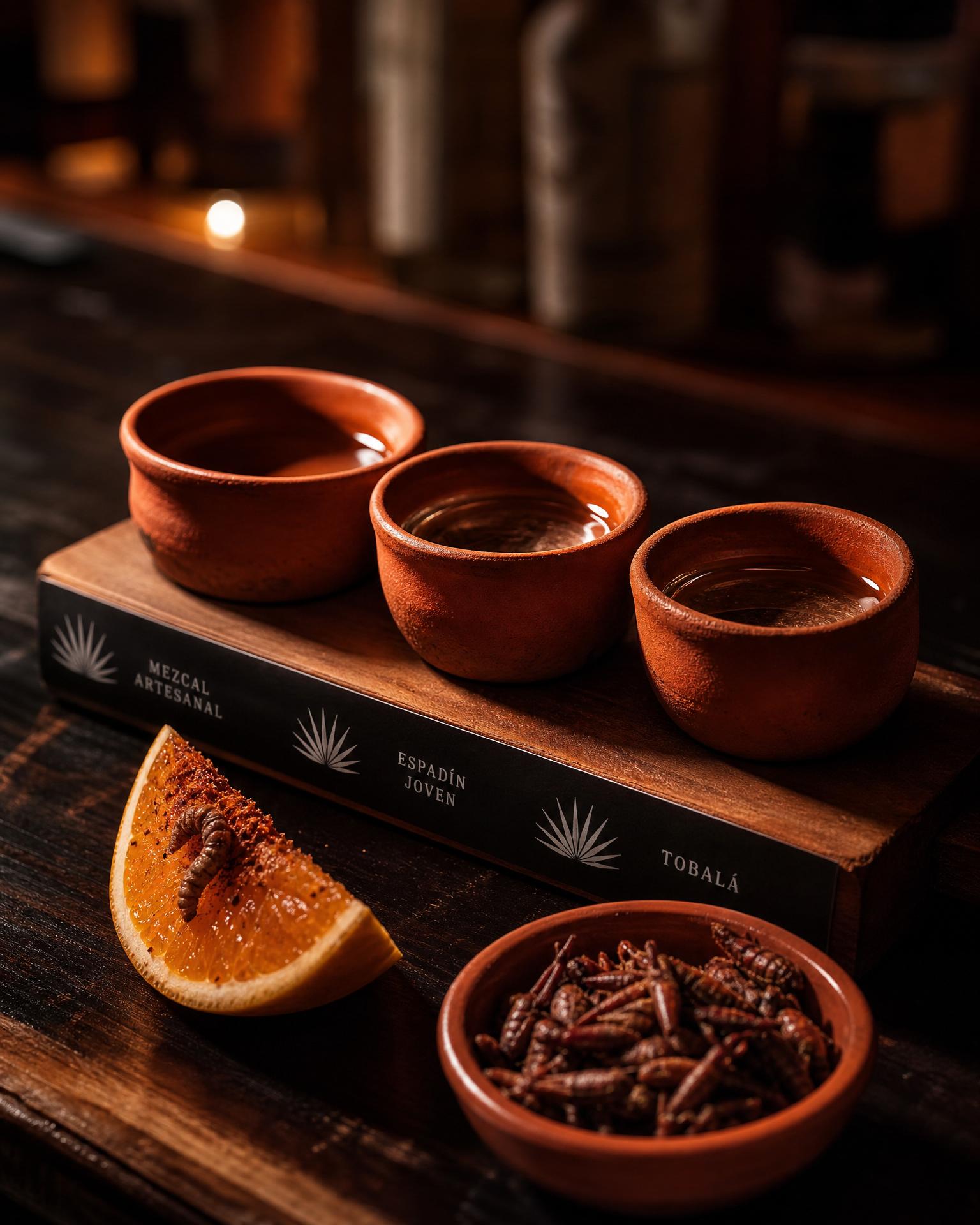 Warmly lit mezcalería bar in Mexico City