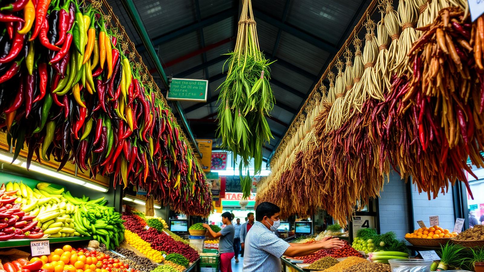 Interior of Mercado San Juan in Mexico City with hanging dried chiles and stalls of exotic produce