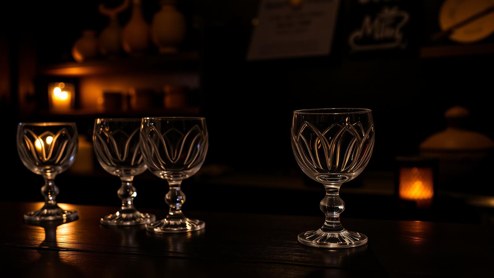 Copita glasses of artisanal mezcal on a dark wood bar in a Mexico City mezcaleria