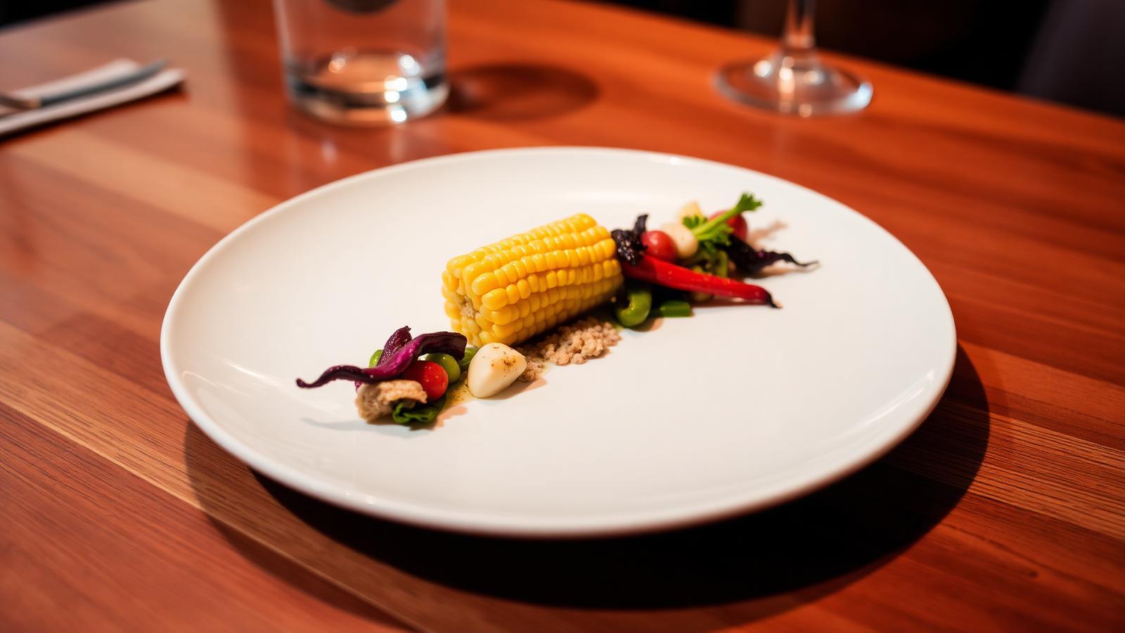 Modern Mexican tasting-menu plate with heirloom corn and vegetables at a fine dining restaurant in Polanco, Mexico City