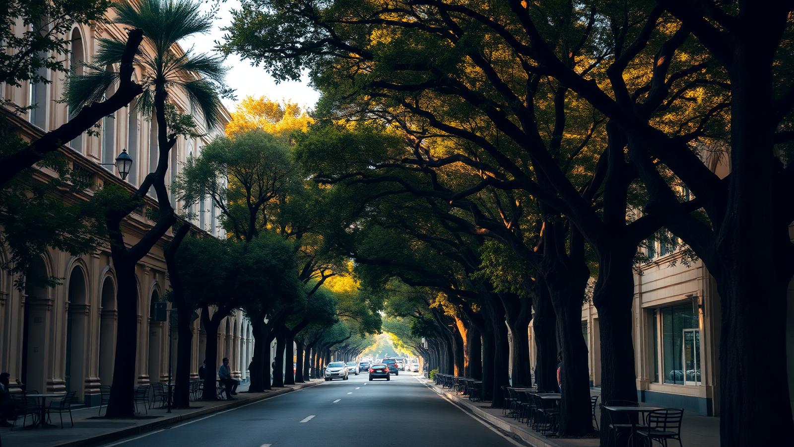 Tree-lined street with porfirian architecture and sidewalk cafes in the Roma Norte neighborhood of Mexico City