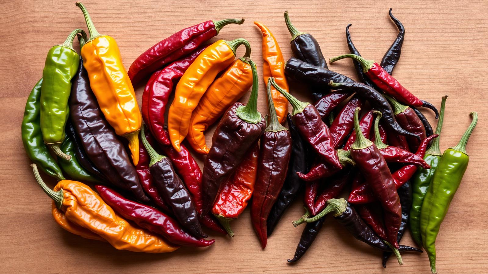 Assortment of dried Mexican chiles including guajillo, ancho, pasilla, and chipotle arranged on a wooden surface