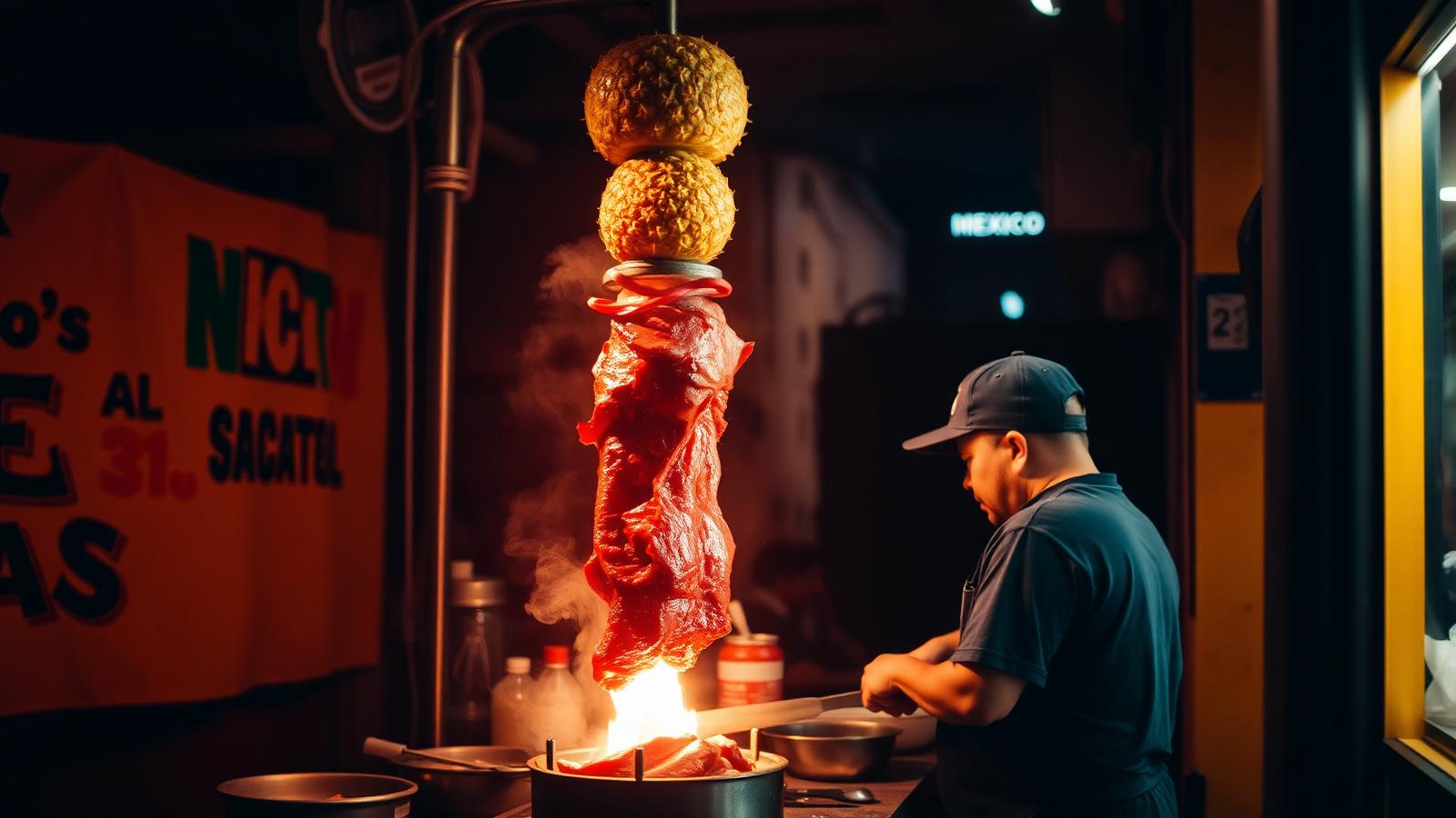 Trompo of marinated al pastor pork with pineapple on top at a Mexico City taqueria at night