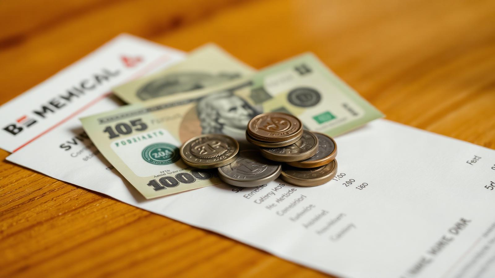 Mexican peso banknotes and coins left on a restaurant check as a tip in Mexico City