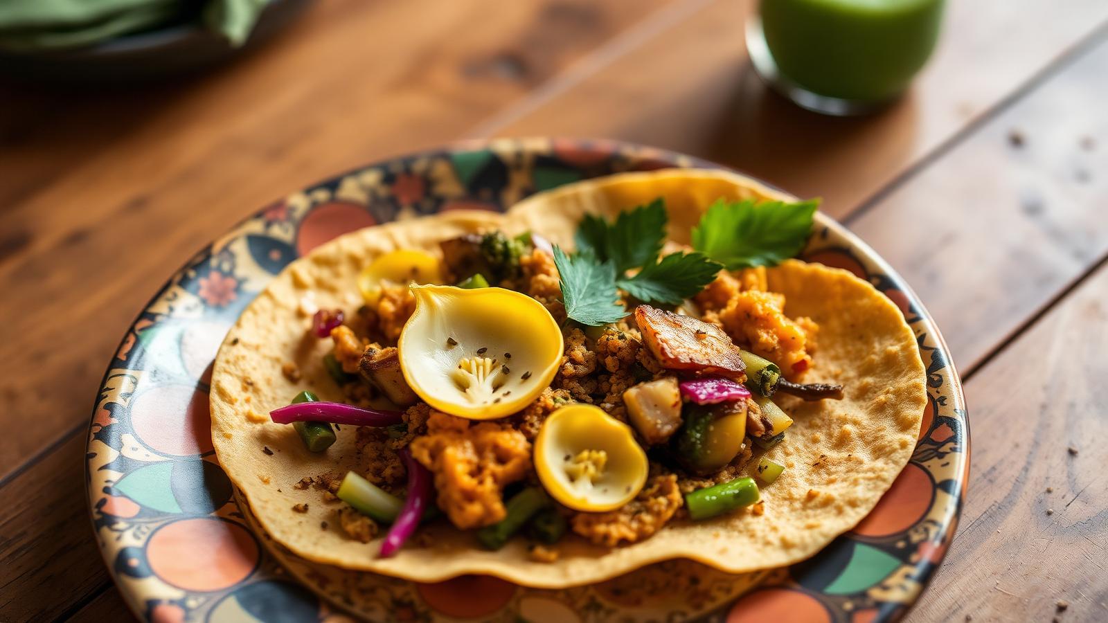 Vegetarian Mexican taco with squash blossoms, nopales, and heirloom corn tortilla on a hand-painted ceramic plate