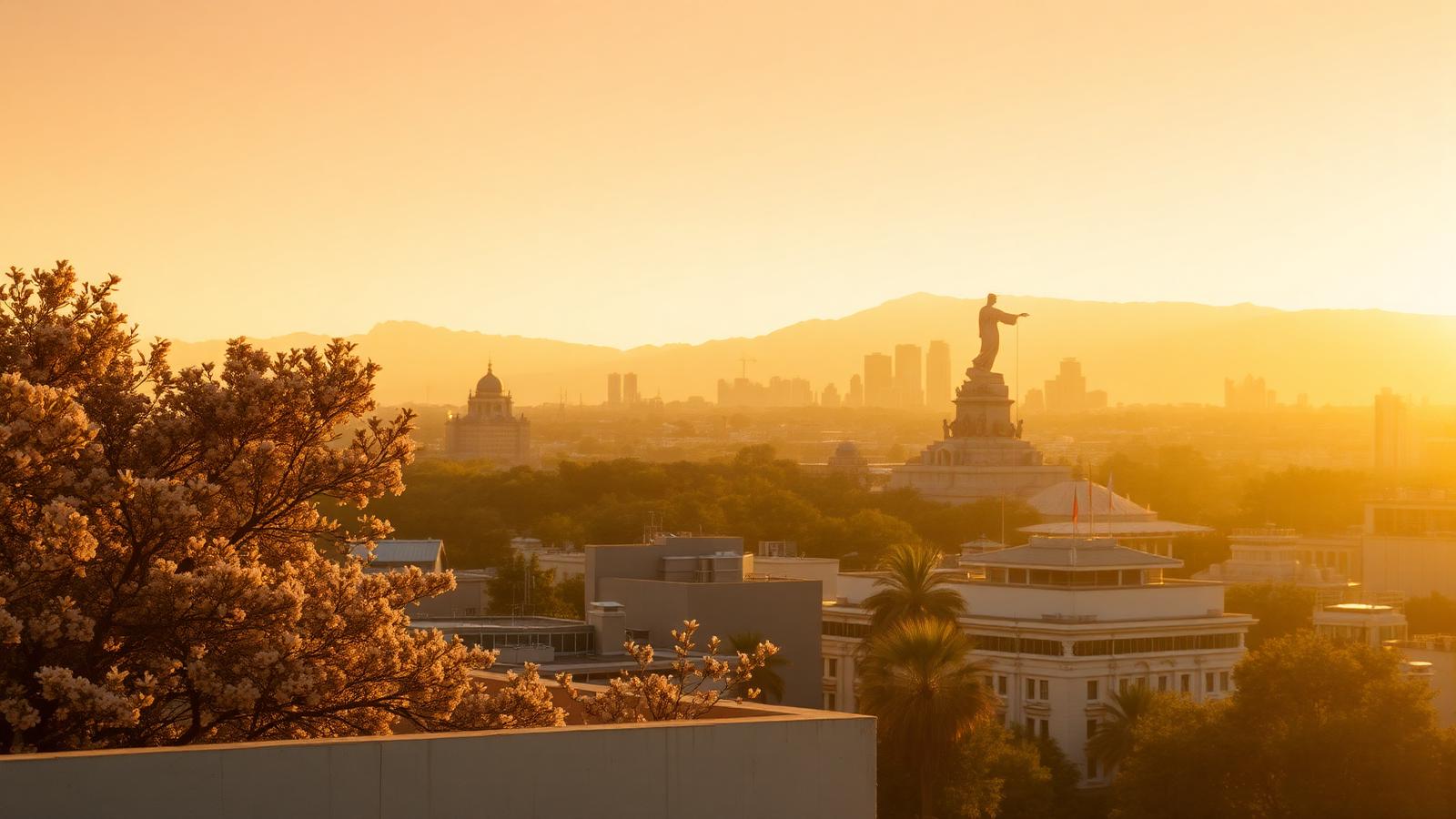 Mexico City rooftop view at golden hour looking toward Paseo de la Reforma with jacaranda trees in bloom